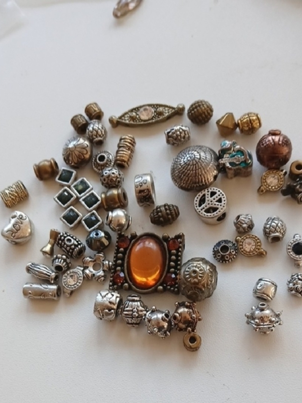 Silver Tone Charm Beads with Amber Centerpiece